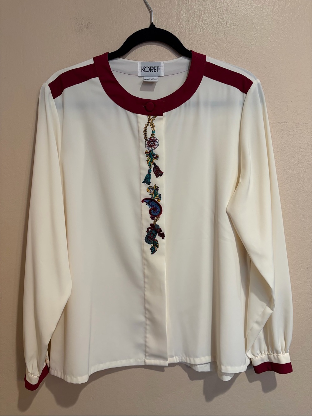 Vintage Koret Cream Slinky Blouse w/ Burgundy Trim, Tassel & Potion Embroidery